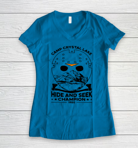 Camp Hide And Seek Champion Crystal Lake 1980 Halloween Women's V-Neck T-Shirt 4