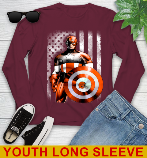 Cleveland Browns NFL Football Captain America Marvel Avengers American Flag Shirt Youth Long Sleeve 6