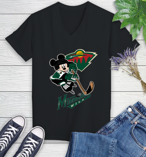 NHL Minnesota Wild Mickey Mouse Disney Hockey T Shirt Women's V-Neck T-Shirt 2