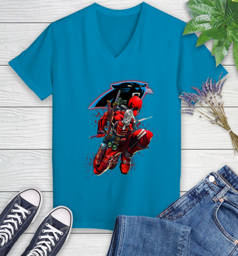 NFL Deadpool Marvel Comics Sports Football Carolina Panthers Women's V-Neck T-Shirt 7