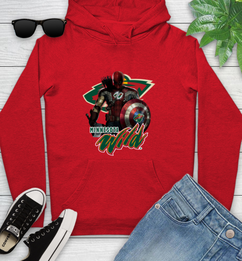 NHL Captain America Thor Spider Man Hawkeye Avengers Endgame Hockey Minnesota Wild Youth Hoodie 11