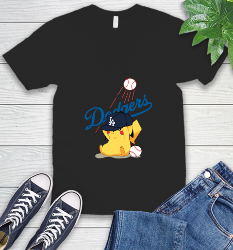 MLB Pikachu Baseball Sports Los Angeles Dodgers V-Neck T-Shirt 2