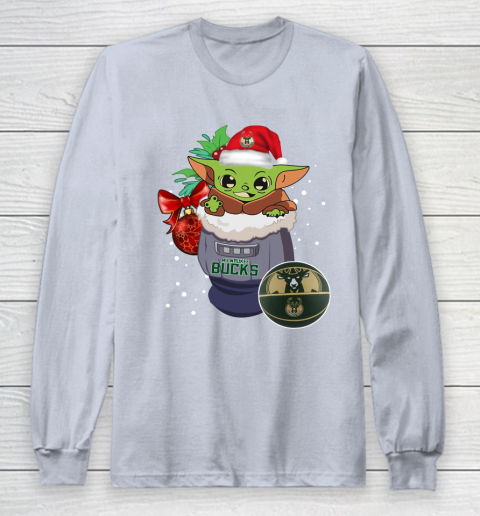 Milwaukee Bucks Christmas Baby Yoda Star Wars Funny Happy NBA Long Sleeve T-Shirt 6