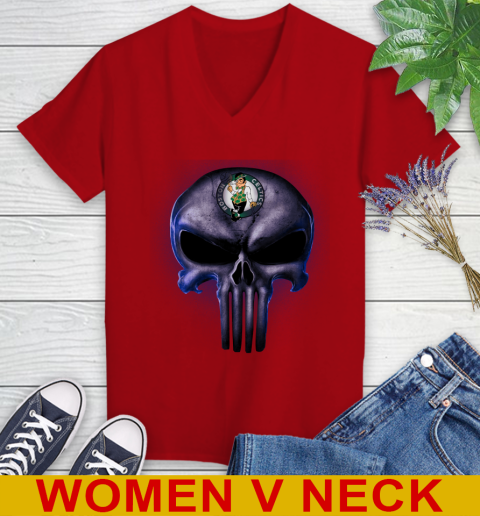 Boston Celtics NBA Basketball Punisher Skull Sports Women's V-Neck T-Shirt 10