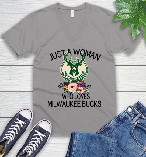 NBA Just A Woman Who Loves Milwaukee Bucks Basketball Sports V-Neck T-Shirt 2