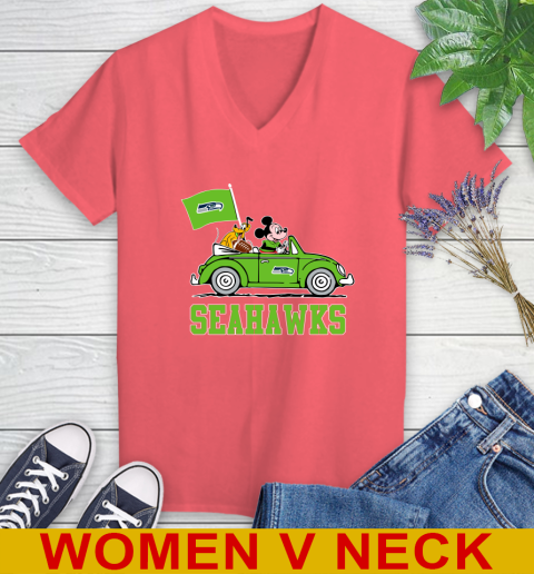 NFL Football Seattle Seahawks Pluto Mickey Driving Disney Shirt Women's V-Neck T-Shirt 7