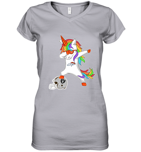 Football Dabbing Unicorn Steps On Helmet Denver Broncos Women's V-Neck T-Shirt