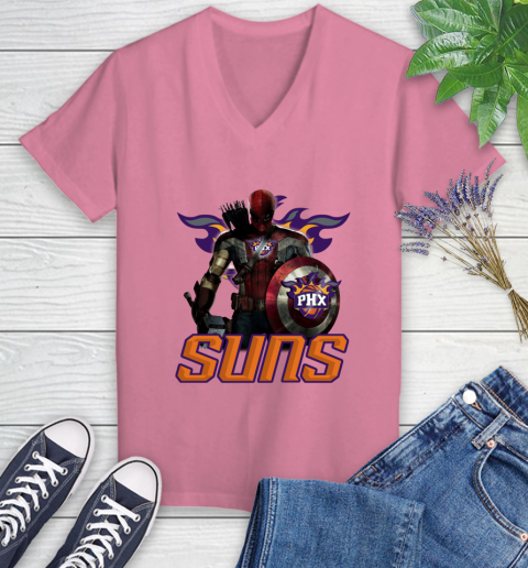 Phoenix Suns NBA Basketball Captain America Thor Spider Man Hawkeye Avengers Women's V-Neck T-Shirt 13