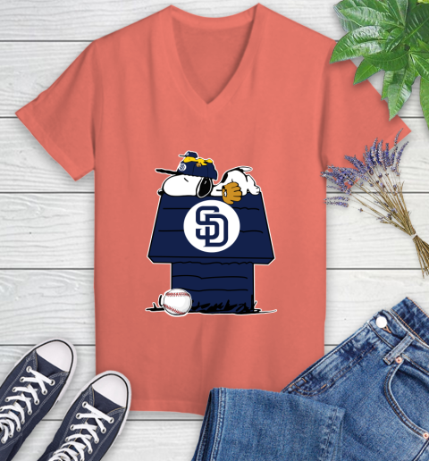 MLB San Diego Padres Snoopy Woodstock The Peanuts Movie Baseball T Shirt Women's V-Neck T-Shirt 6