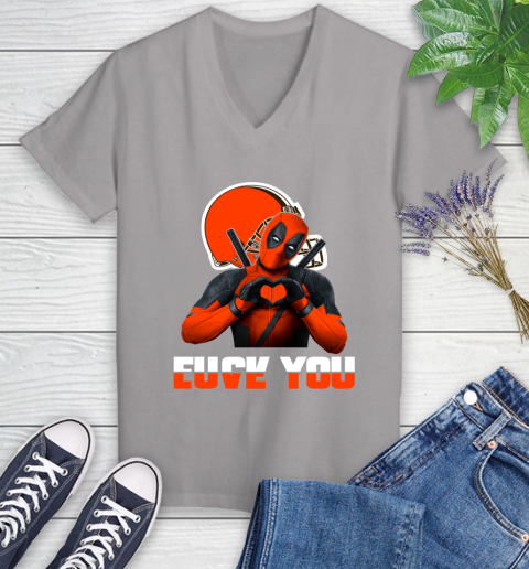 NHL Cleveland Browns Deadpool Love You Fuck You Football Sports Women's V-Neck T-Shirt 4