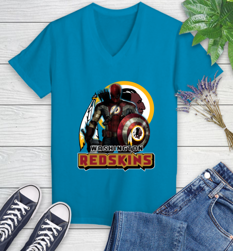 NFL Captain America Thor Spider Man Hawkeye Avengers Endgame Football Washington Redskins Women's V-Neck T-Shirt 7