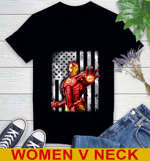 Atlanta Braves MLB Baseball Iron Man Avengers American Flag Shirt Women's V-Neck T-Shirt