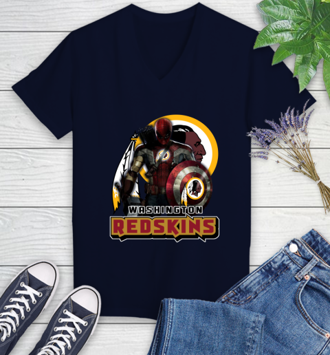 NFL Captain America Thor Spider Man Hawkeye Avengers Endgame Football Washington Redskins Women's V-Neck T-Shirt 3