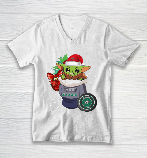 Dallas Stars Christmas Baby Yoda Star Wars Funny Happy NHL V-Neck T-Shirt 2