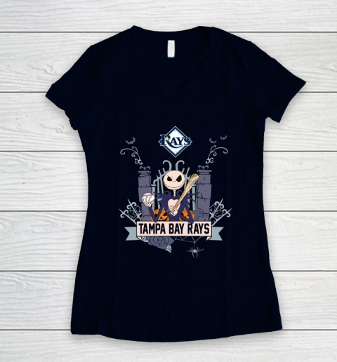 MLB Tampa Bay Rays Baseball Jack Skellington Halloween Women's V-Neck T-Shirt 2