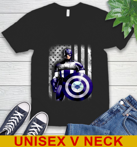 Charlotte Hornets NBA Basketball Captain America Marvel Avengers American Flag Shirt V-Neck T-Shirt