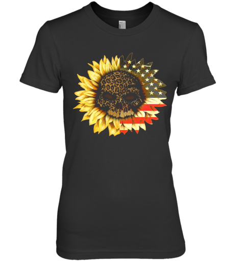 Leopard Print Skull In Sunflower American Flag Premium Women's T-Shirt