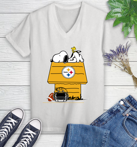 Pittsburgh Steelers NFL Football Snoopy Woodstock The Peanuts Movie Women's V-Neck T-Shirt