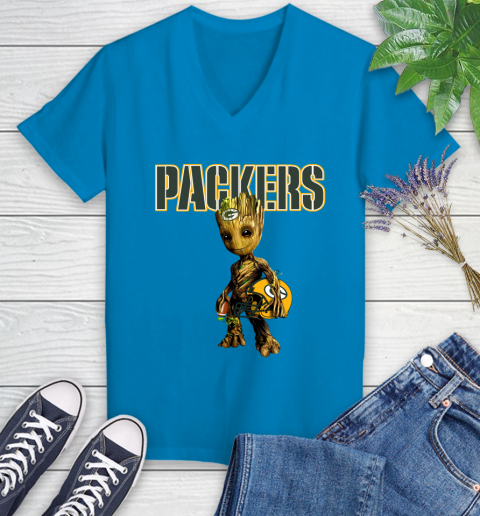 Green Bay Packers NFL Football Groot Marvel Guardians Of The Galaxy Women's V-Neck T-Shirt 7