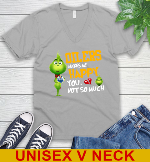 NHL Edmonton Oilers Makes Me Happy You Not So Much Grinch Hockey Sports V-Neck T-Shirt - Image 4