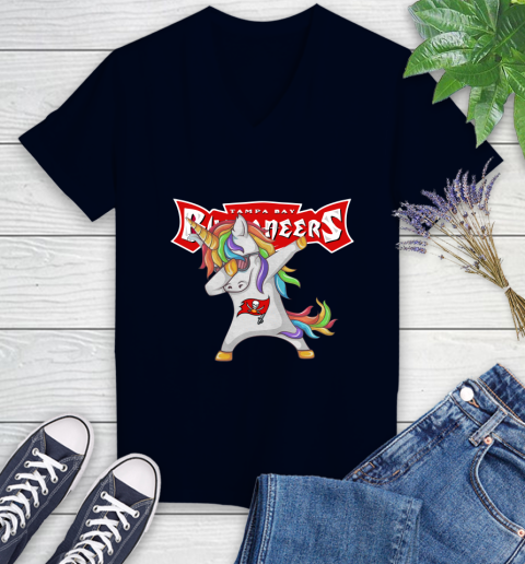 Tampa Bay Buccaneers NFL Football Funny Unicorn Dabbing Sports Women's V-Neck T-Shirt 3
