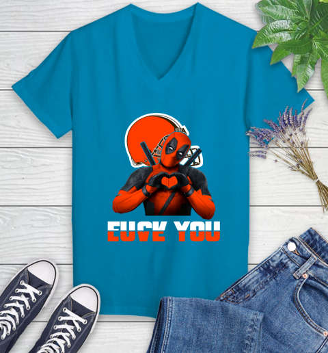 NHL Cleveland Browns Deadpool Love You Fuck You Football Sports Women's V-Neck T-Shirt 7
