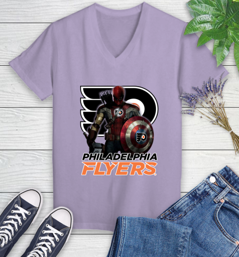 NHL Captain America Thor Spider Man Hawkeye Avengers Endgame Hockey Philadelphia Flyers Women's V-Neck T-Shirt 14