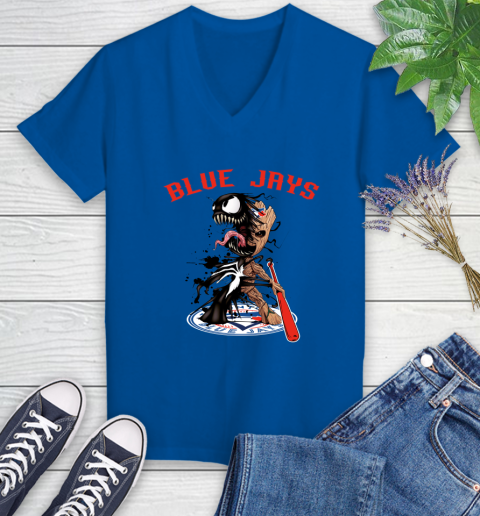 MLB Toronto Blue Jays Baseball Venom Groot Guardians Of The Galaxy Women's V-Neck T-Shirt 10