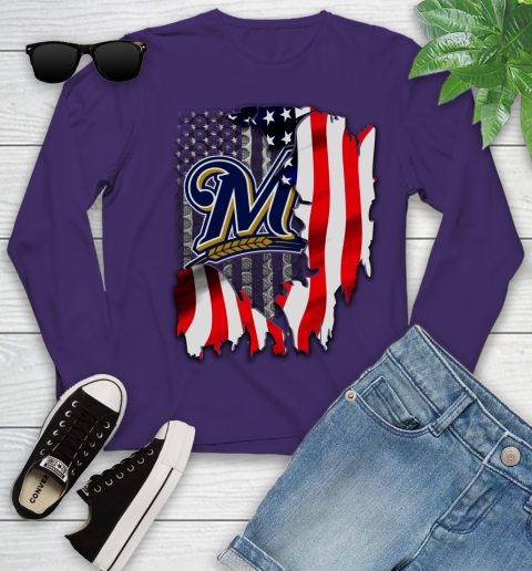 Milwaukee Brewers MLB Baseball American Flag Youth Long Sleeve 4