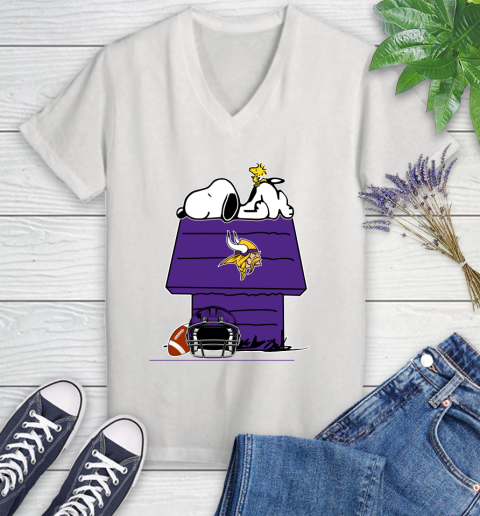 Minnesota Vikings NFL Football Snoopy Woodstock The Peanuts Movie Women's V-Neck T-Shirt