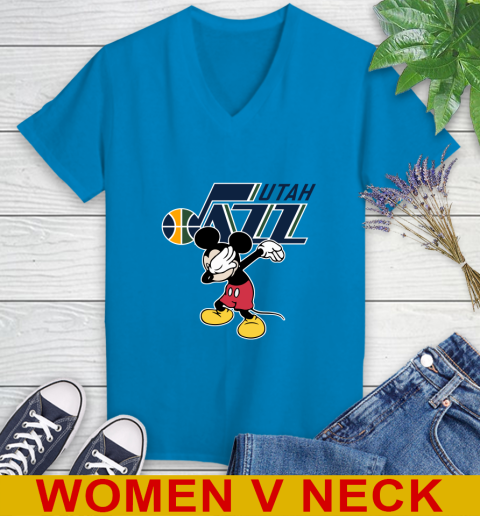 Utah Jazz NBA Basketball Dabbing Mickey Disney Sports Women's V-Neck T-Shirt 8