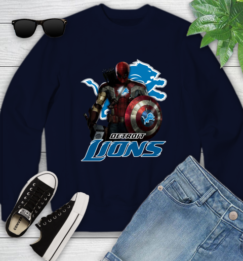 NFL Captain America Thor Spider Man Hawkeye Avengers Endgame Football Detroit Lions Youth Sweatshirt 3