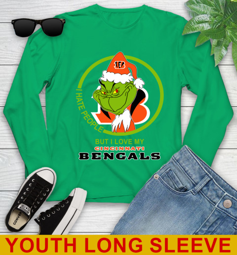 Cincinnati Bengals NFL Christmas Grinch I Hate People But I Love My Favorite Football Team Youth Long Sleeve 7