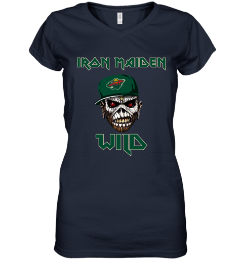 NHL Minnesota Wild Iron Maiden Rock Band Music Hockey Sports yVqknWwwIuJ women v neck t shirt 39 95 151514 front navy
