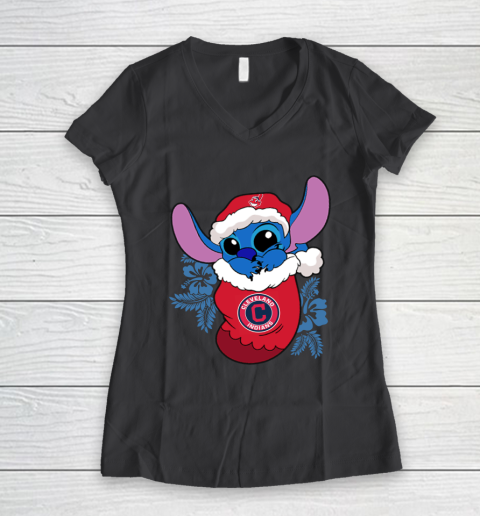 Cleveland Indians Christmas Stitch In The Sock Funny Disney MLB Women's V-Neck T-Shirt 8