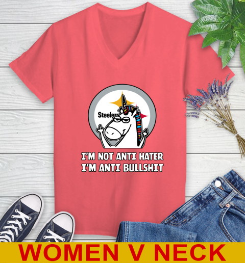 Pittsburgh Steelers NFL Football Unicorn I'm Not Anti Hater I'm Anti Bullshit Women's V-Neck T-Shirt 7