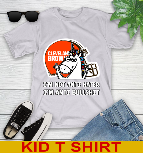 Cleveland Browns NFL Football Unicorn I'm Not Anti Hater I'm Anti Bullshit Youth T-Shirt 5