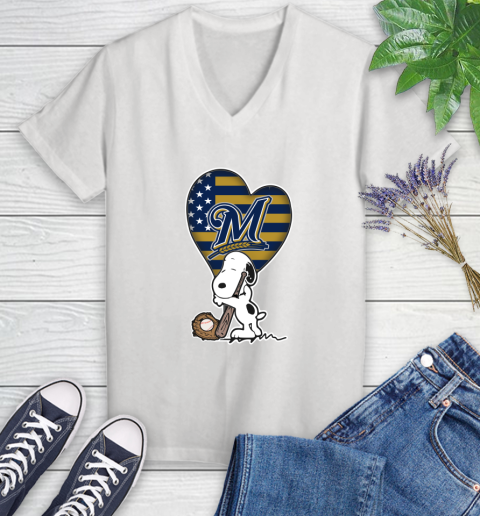 Milwaukee Brewers MLB Baseball The Peanuts Movie Adorable Snoopy (1) Women's V-Neck T-Shirt