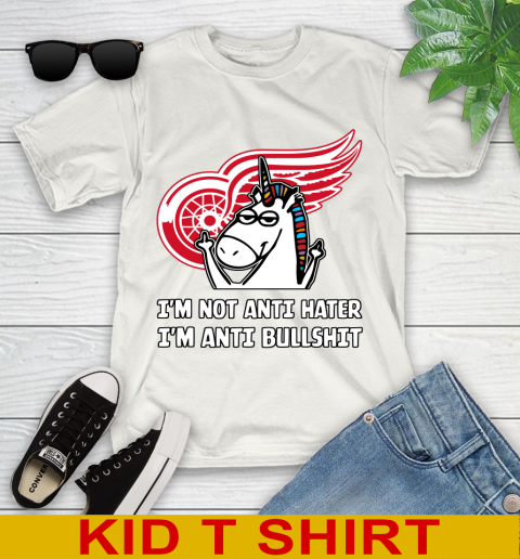 Detroit Red Wings NHL Hockey Unicorn I'm Not Anti Hater I'm Anti Bullshit Youth T-Shirt