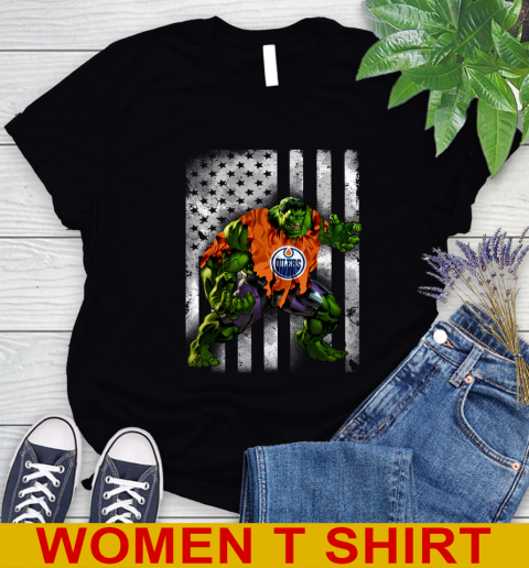 Edmonton Oilers Hulk Marvel Avengers NHL Hockey American Flag Women's T-Shirt