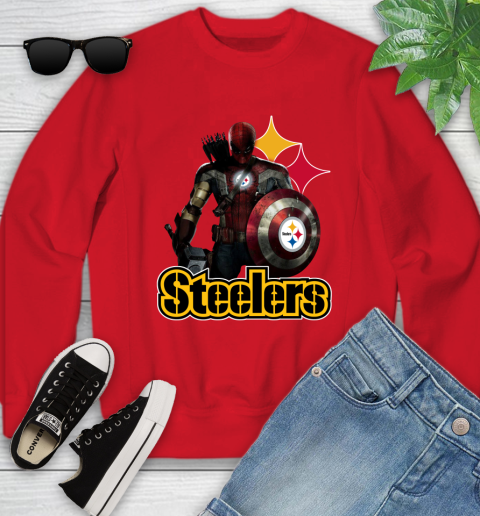 NFL Captain America Thor Spider Man Hawkeye Avengers Endgame Football Pittsburgh Steelers Youth Sweatshirt 9