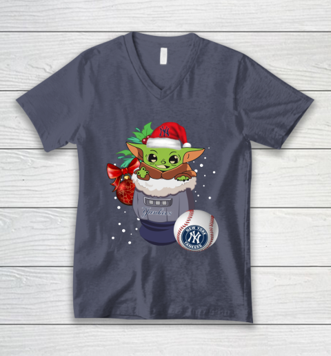 New York Yankees Christmas Baby Yoda Star Wars Funny Happy MLB V-Neck T-Shirt 8