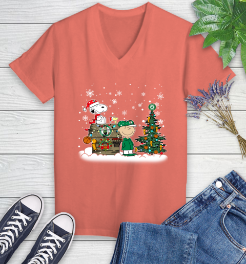 Boston Celtics NBA Basketball Christmas The Peanuts Movie Snoopy Championship Women's V-Neck T-Shirt 6