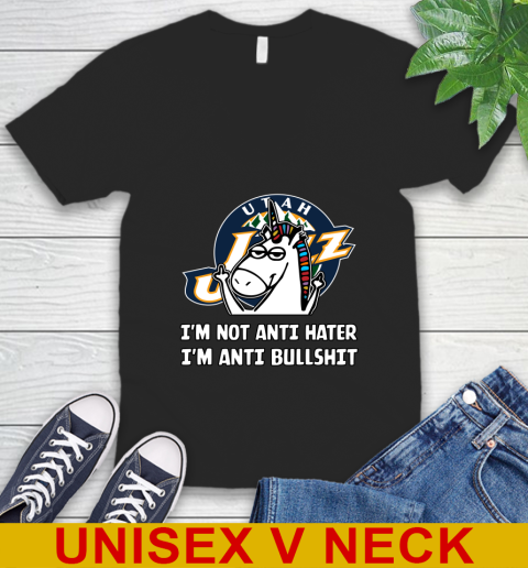 Utah Jazz NBA Basketball Unicorn I'm Not Anti Hater I'm Anti Bullshit V-Neck T-Shirt 2