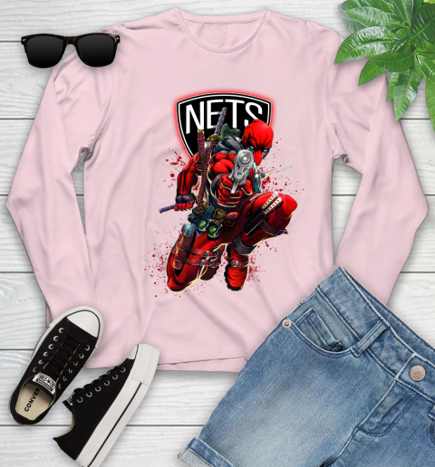 NBA Deadpool Marvel Comics Sports Basketball Brooklyn Nets Youth Long Sleeve 10