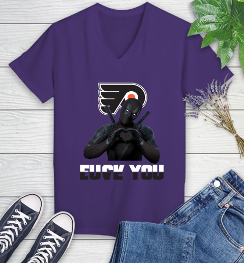 NHL Philadelphia Flyers Deadpool Love You Fuck You Hockey Sports Women's V-Neck T-Shirt 3