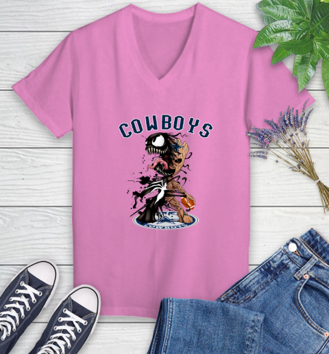 NFL Dallas Cowboys Football Venom Groot Guardians Of The Galaxy Women's V-Neck T-Shirt 14