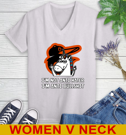 Baltimore Orioles MLB Baseball Unicorn I'm Not Anti Hater I'm Anti Bullshit Women's V-Neck T-Shirt