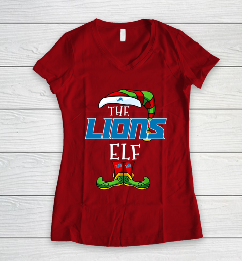 Detroit Lions Christmas ELF Funny NFL Women's V-Neck T-Shirt 8