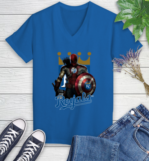 MLB Captain America Thor Spider Man Hawkeye Avengers Endgame Baseball Kansas City Royals Women's V-Neck T-Shirt 10